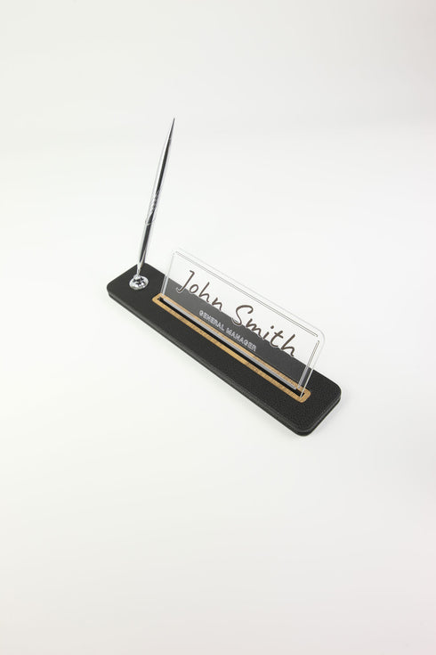 Leather Desktop Nameplate with Pen Black Wood Detail - Nameplate and Signature Pen